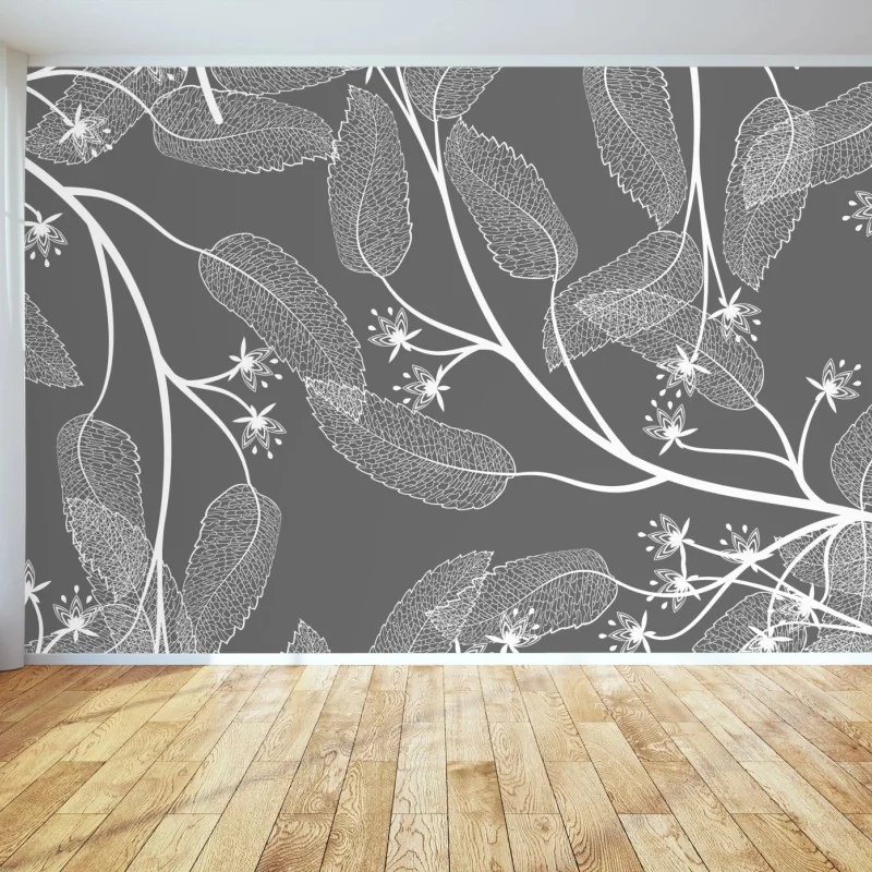 Fototapeta delikatne białe liście na szarym tle – Wallissimo® Fototapeta delikatne białe liście na szarym tle – Wallissimo®