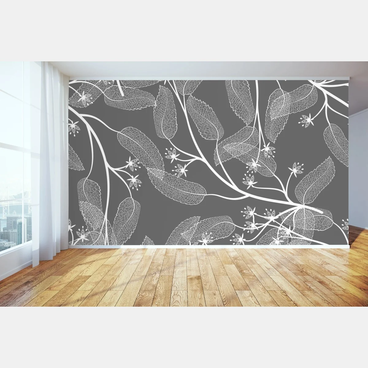 Fototapeta delikatne białe liście na szarym tle – Wallissimo® Fototapeta delikatne białe liście na szarym tle – Wallissimo®