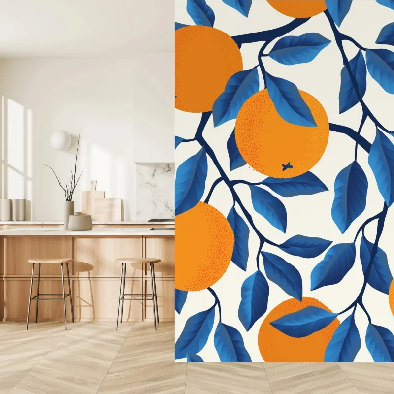 Fototapeta żywy wzór cytrusów w pomarańczach i niebieskich liściach – Wallissimo®