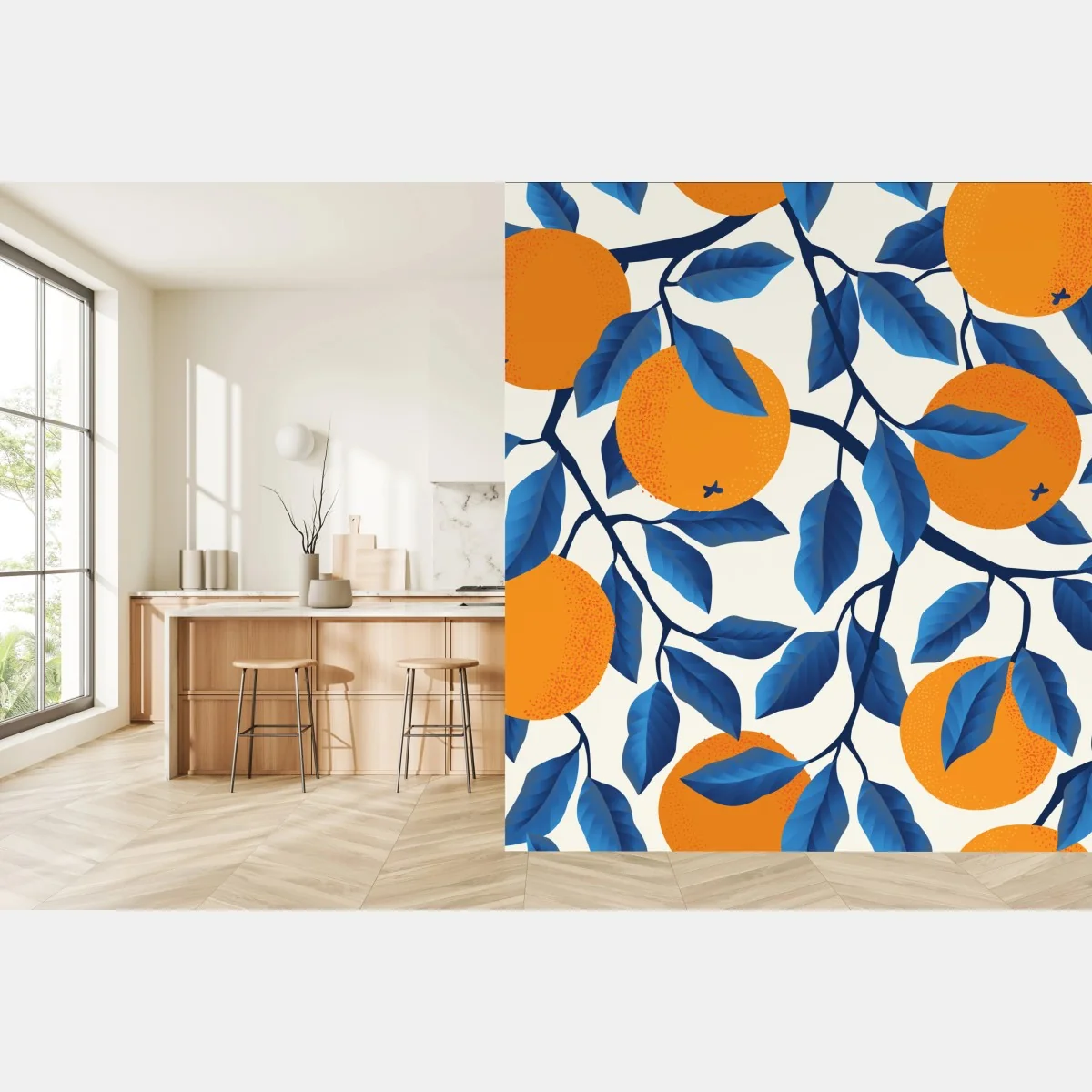 Fototapeta żywy wzór cytrusów w pomarańczach i niebieskich liściach – Wallissimo®