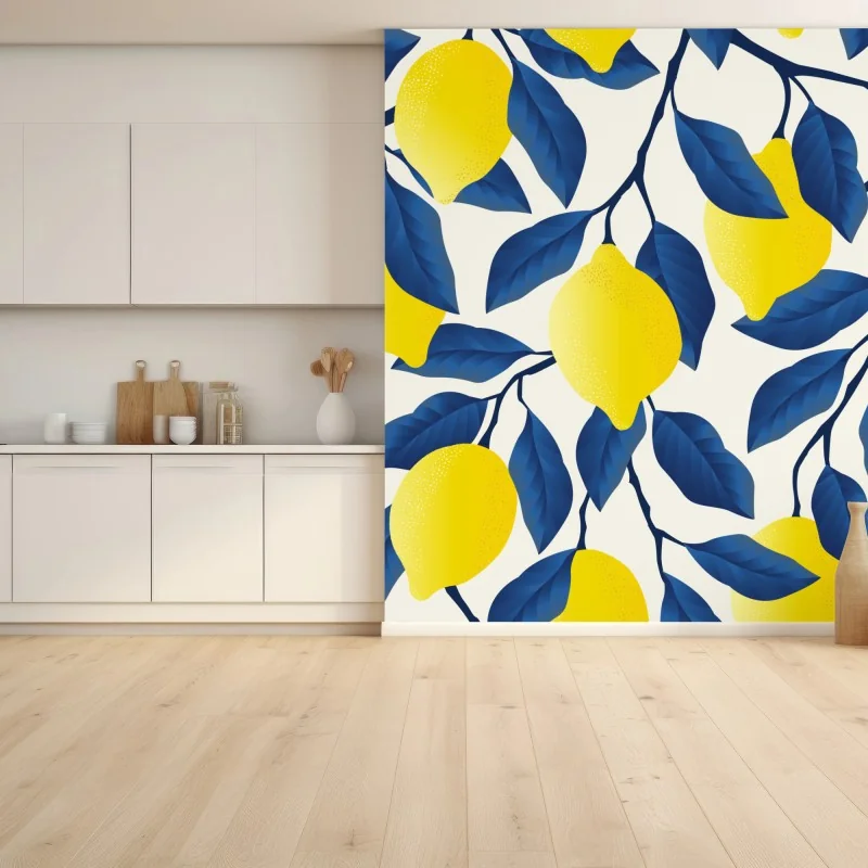 Fototapeta żywy wzór cytryn z niebieskimi liśćmi – Wallissimo® Fototapeta żywy wzór cytryn z niebieskimi liśćmi – Wallissimo®