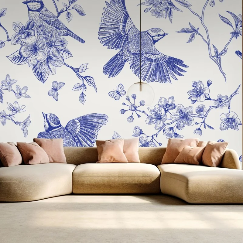 Fototapeta niebieski wzór ptaków i kwiatów w stylu vintage – Wallissimo® Fototapeta niebieski wzór ptaków i kwiatów w stylu vintage – Wallissimo®