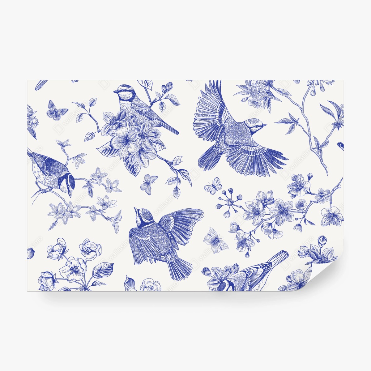 Fototapeta niebieski wzór ptaków i kwiatów w stylu vintage – Wallissimo® Fototapeta niebieski wzór ptaków i kwiatów w stylu vintage – Wallissimo®