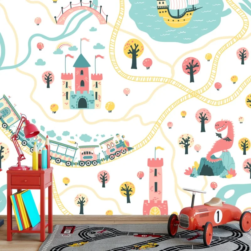 Fototapeta pastelowa mapa przygód dla dzieci – Wallissimo® Fototapeta pastelowa mapa przygód dla dzieci – Wallissimo®