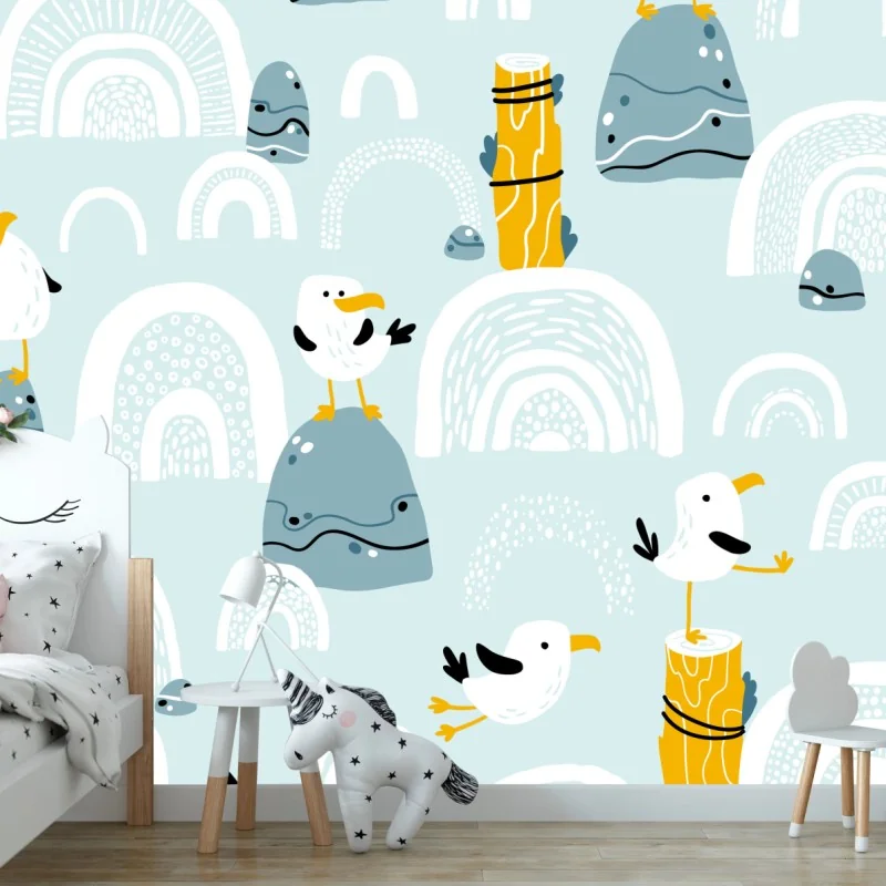 Fototapeta wesołe mewy na pastelowych łukach – Wallissimo® Fototapeta wesołe mewy na pastelowych łukach – Wallissimo®