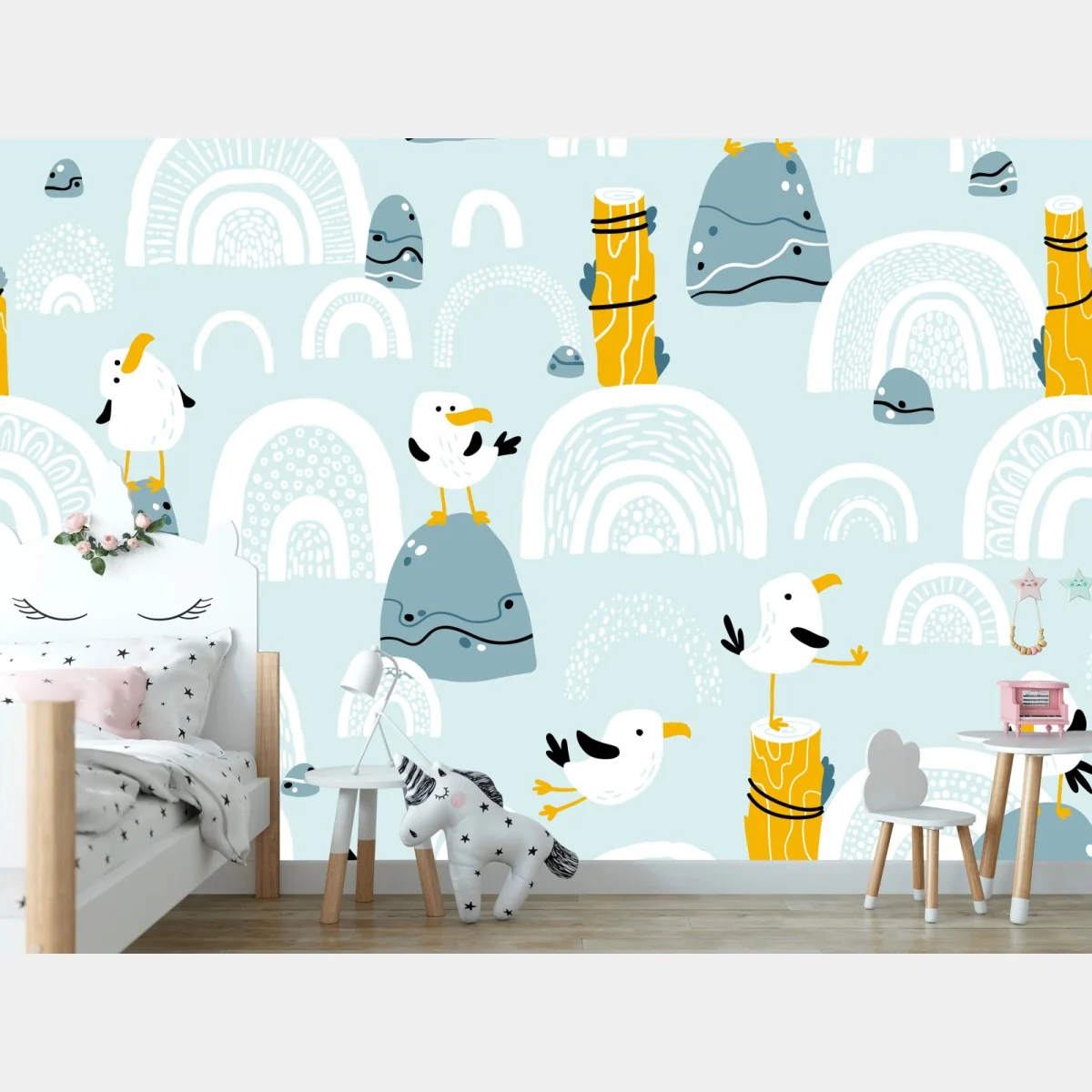 Fototapeta wesołe mewy na pastelowych łukach – Wallissimo® Fototapeta wesołe mewy na pastelowych łukach – Wallissimo®