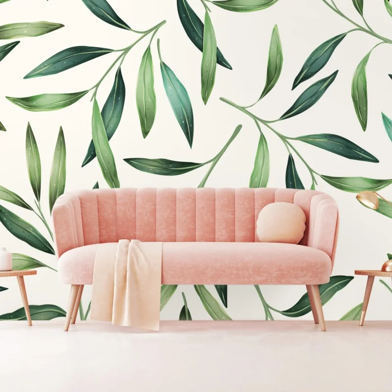 Fototapeta zielony akwarelowy wzór liści – Wallissimo® Fototapeta zielony akwarelowy wzór liści – Wallissimo®