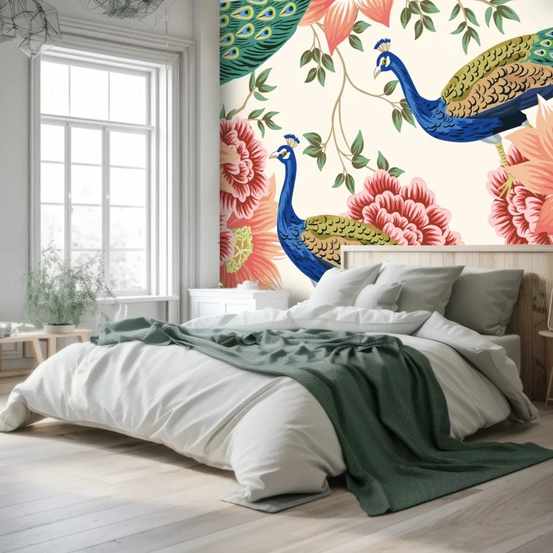 Fototapeta elegancki wzór z pawiem i kwiatami – Wallissimo® Fototapeta elegancki wzór z pawiem i kwiatami – Wallissimo®