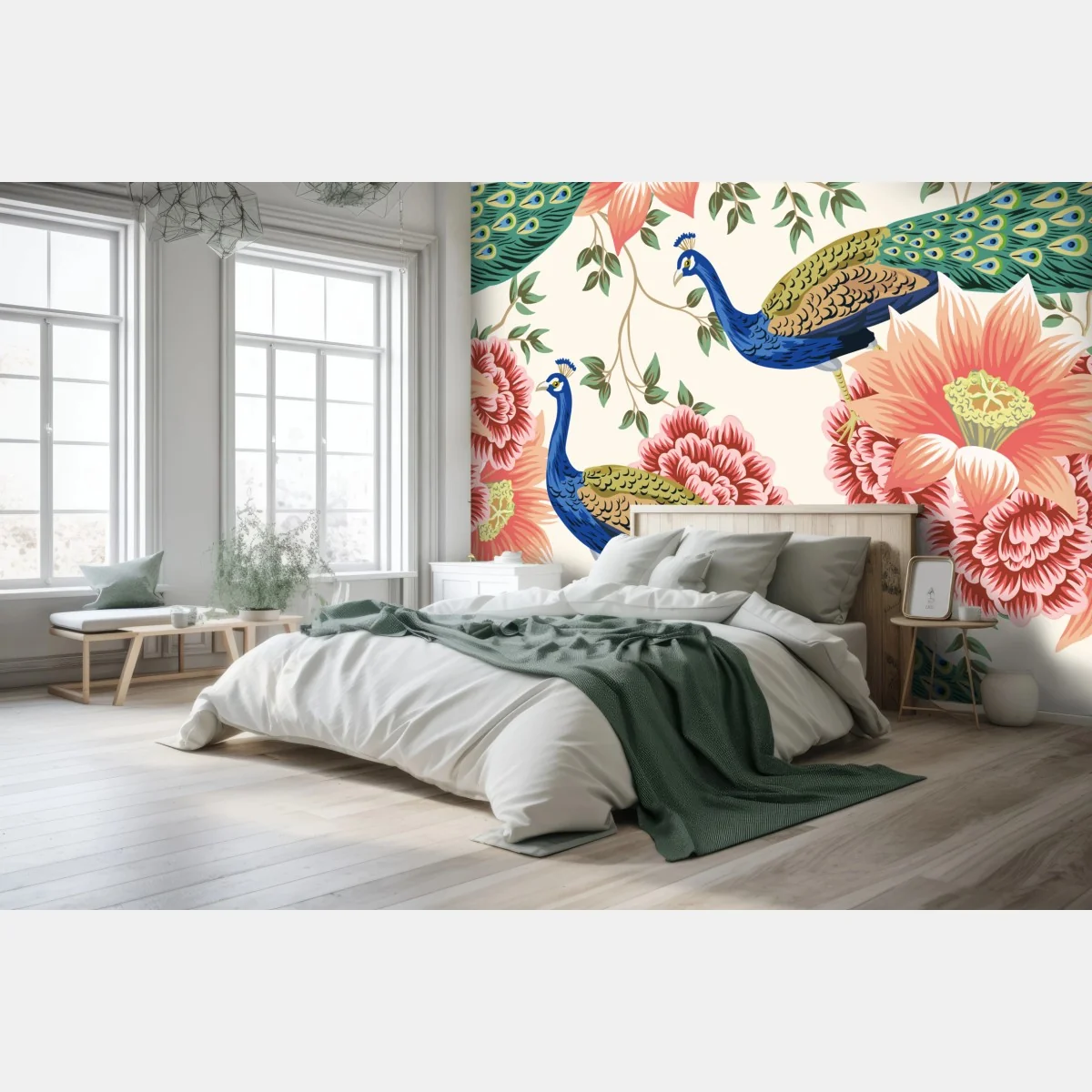 Fototapeta elegancki wzór z pawiem i kwiatami – Wallissimo® Fototapeta elegancki wzór z pawiem i kwiatami – Wallissimo®