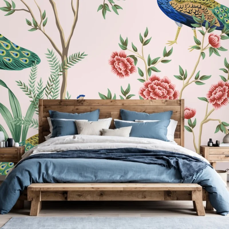 Fototapeta elegancki wzór z pawiem i kwiatami na różowym tle – Wallissimo® Fototapeta elegancki wzór z pawiem i kwiatami na różowym tle – Wallissimo®