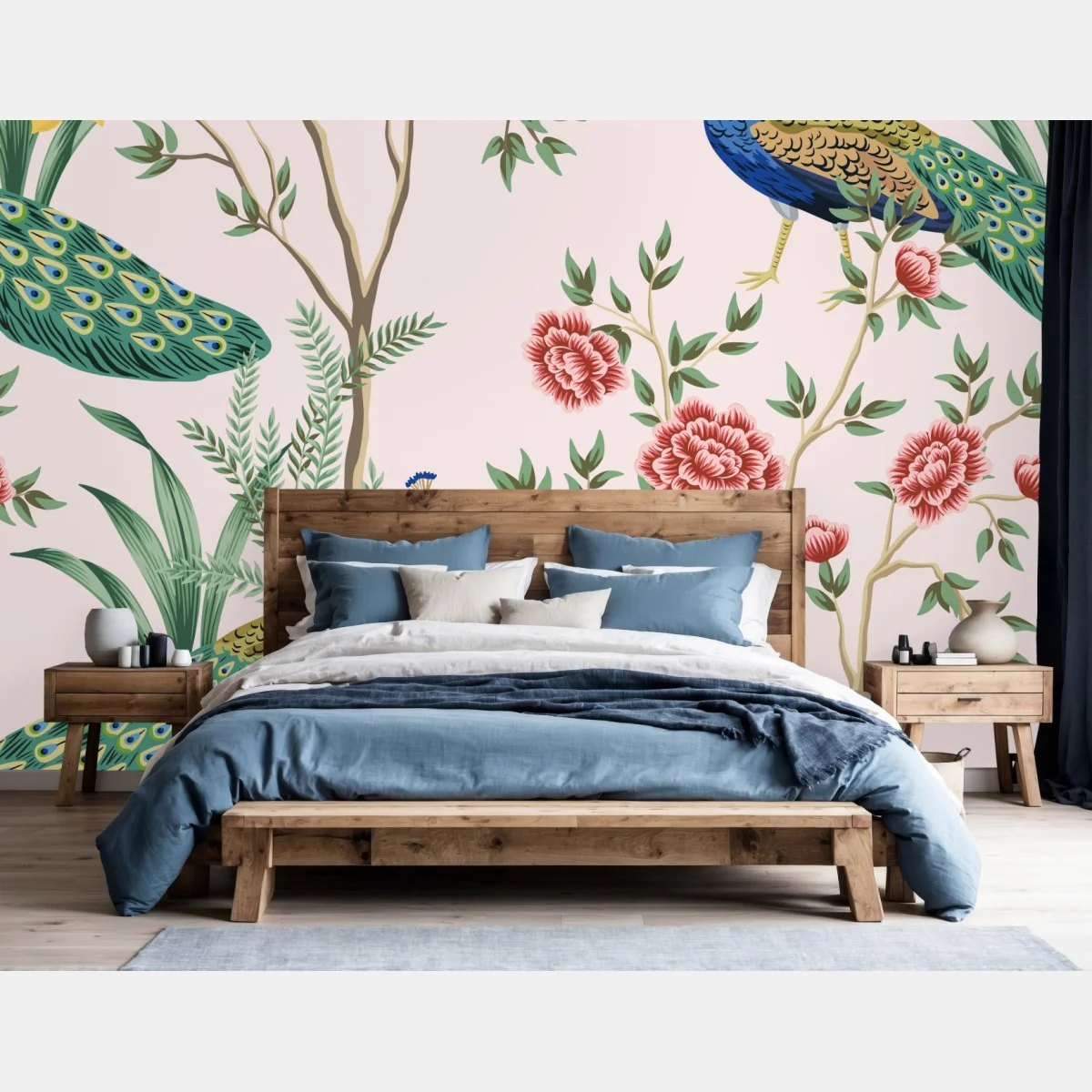 Fototapeta elegancki wzór z pawiem i kwiatami na różowym tle – Wallissimo® Fototapeta elegancki wzór z pawiem i kwiatami na różowym tle – Wallissimo®