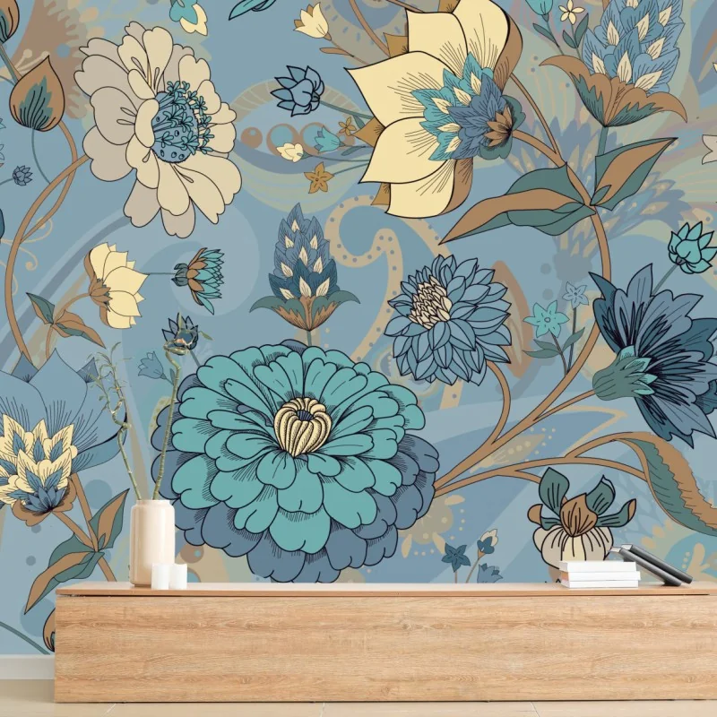 Fototapeta wzór kwiatowy w stonowanych niebiesko-beżowych odcieniach – Wallissimo® Fototapeta wzór kwiatowy w stonowanych niebiesko-beżowych odcieniach – Wallissimo®