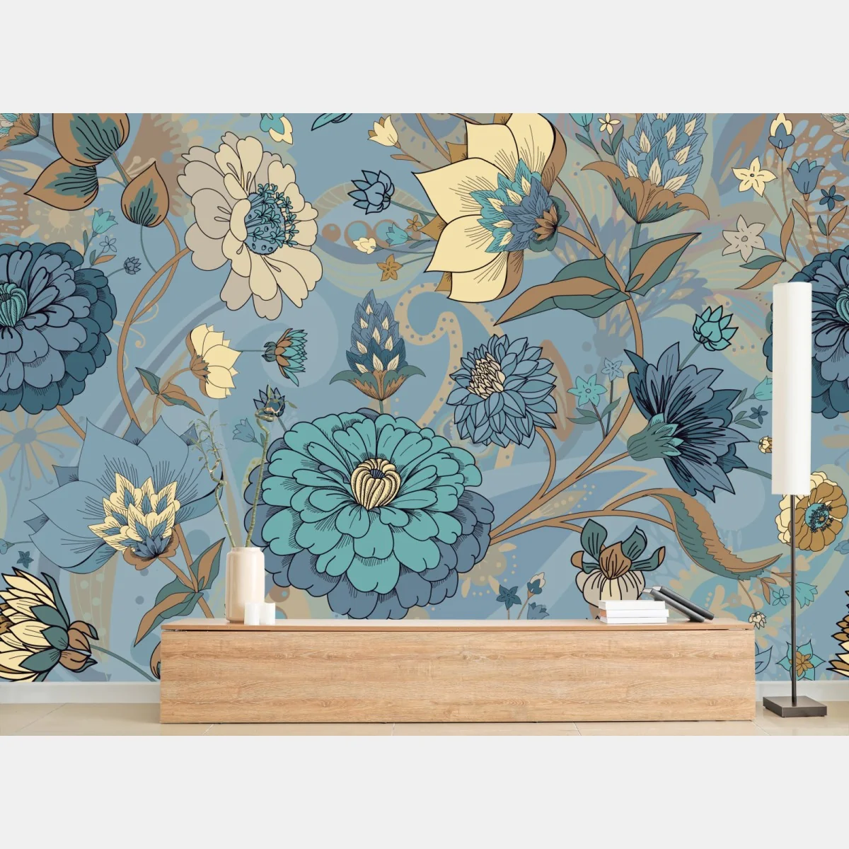 Fototapeta wzór kwiatowy w stonowanych niebiesko-beżowych odcieniach – Wallissimo® Fototapeta wzór kwiatowy w stonowanych niebiesko-beżowych odcieniach – Wallissimo®