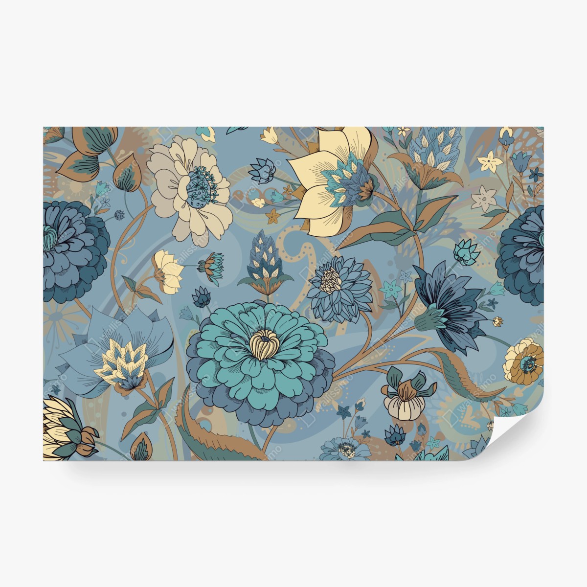 Fototapeta wzór kwiatowy w stonowanych niebiesko-beżowych odcieniach – Wallissimo® Fototapeta wzór kwiatowy w stonowanych niebiesko-beżowych odcieniach – Wallissimo®