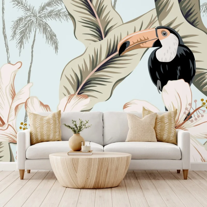 Fototapeta tropikalny motyw z tukanem i hibiskusem – Wallissimo® Fototapeta tropikalny motyw z tukanem i hibiskusem – Wallissimo®
