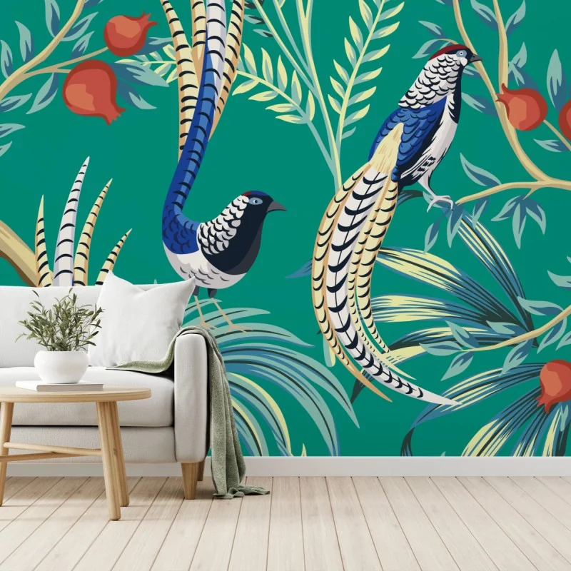 Fototapeta egzotyczny wzór z ptakami i granatami – Wallissimo® Fototapeta egzotyczny wzór z ptakami i granatami – Wallissimo®