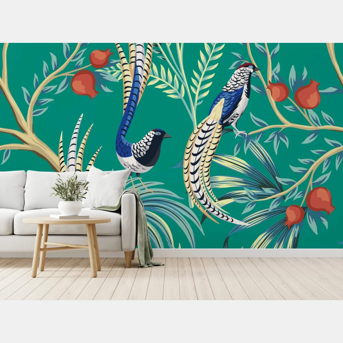 Fototapeta egzotyczny wzór z ptakami i granatami – Wallissimo® Fototapeta egzotyczny wzór z ptakami i granatami – Wallissimo®