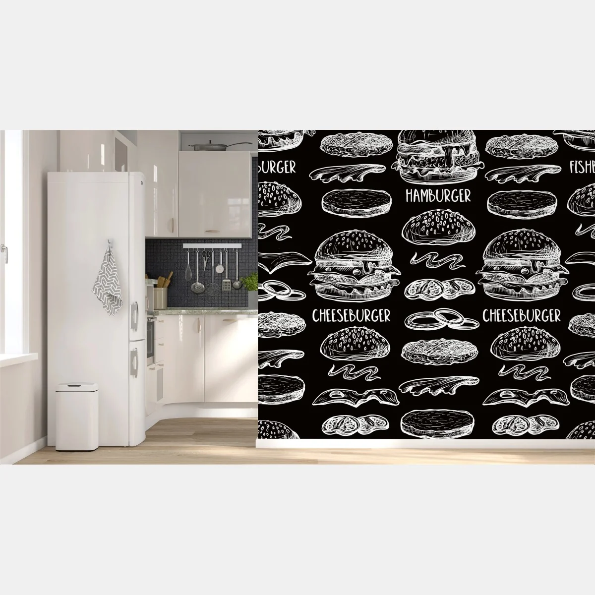 Fototapeta ręcznie rysowany wzór burgerów na czarnym tle – Wallissimo® Fototapeta ręcznie rysowany wzór burgerów na czarnym tle – Wallissimo®