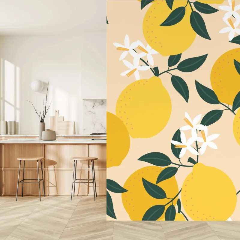 Fototapeta jasny wzór z cytrynami i kwiatami – Wallissimo® Fototapeta jasny wzór z cytrynami i kwiatami – Wallissimo®