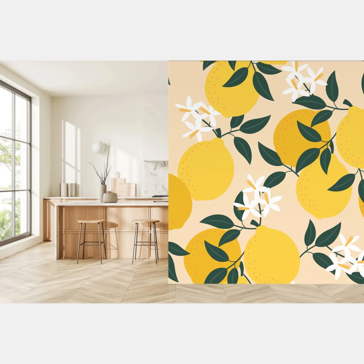Fototapeta jasny wzór z cytrynami i kwiatami – Wallissimo® Fototapeta jasny wzór z cytrynami i kwiatami – Wallissimo®