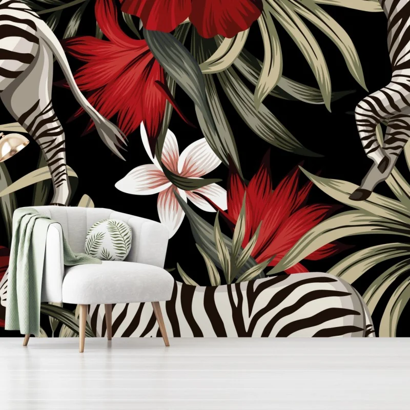 Fototapeta tropikalny wzór zebry i kwiatów – Wallissimo® Fototapeta tropikalny wzór zebry i kwiatów – Wallissimo®