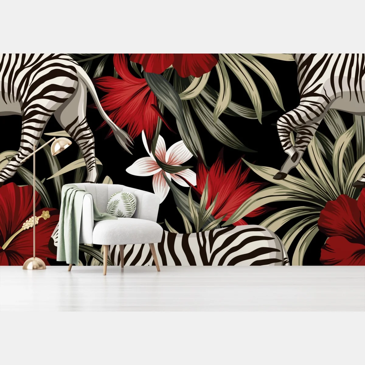 Fototapeta tropikalny wzór zebry i kwiatów – Wallissimo® Fototapeta tropikalny wzór zebry i kwiatów – Wallissimo®