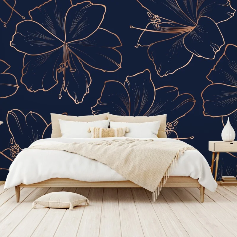 Fototapeta granatowy motyw z złotymi konturami kwiatów – Wallissimo® Fototapeta granatowy motyw z złotymi konturami kwiatów – Wallissimo®