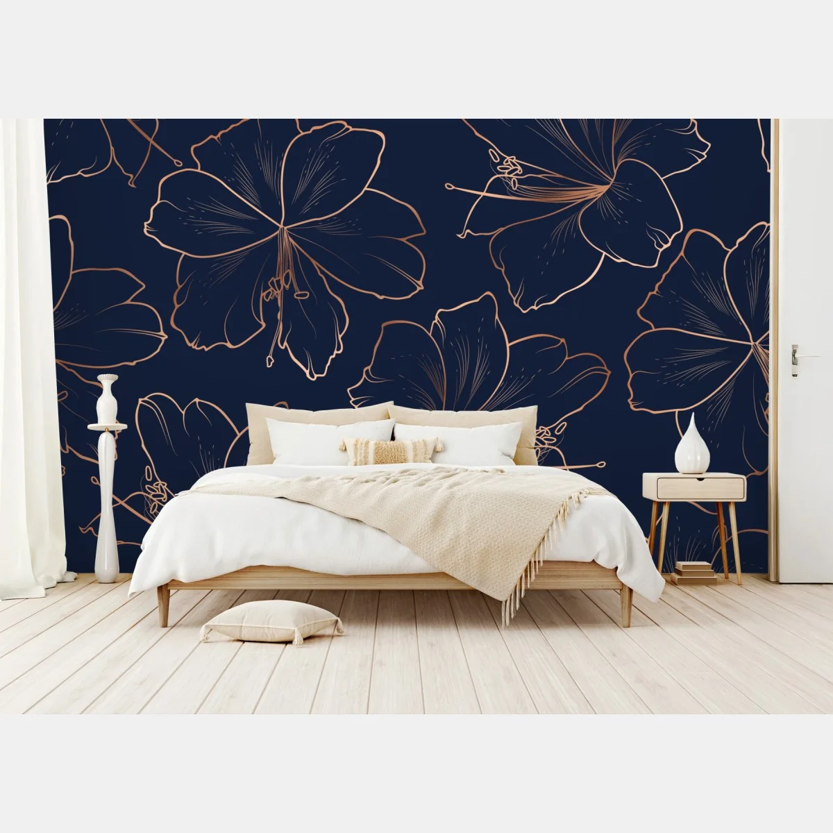 Fototapeta granatowy motyw z złotymi konturami kwiatów – Wallissimo® Fototapeta granatowy motyw z złotymi konturami kwiatów – Wallissimo®