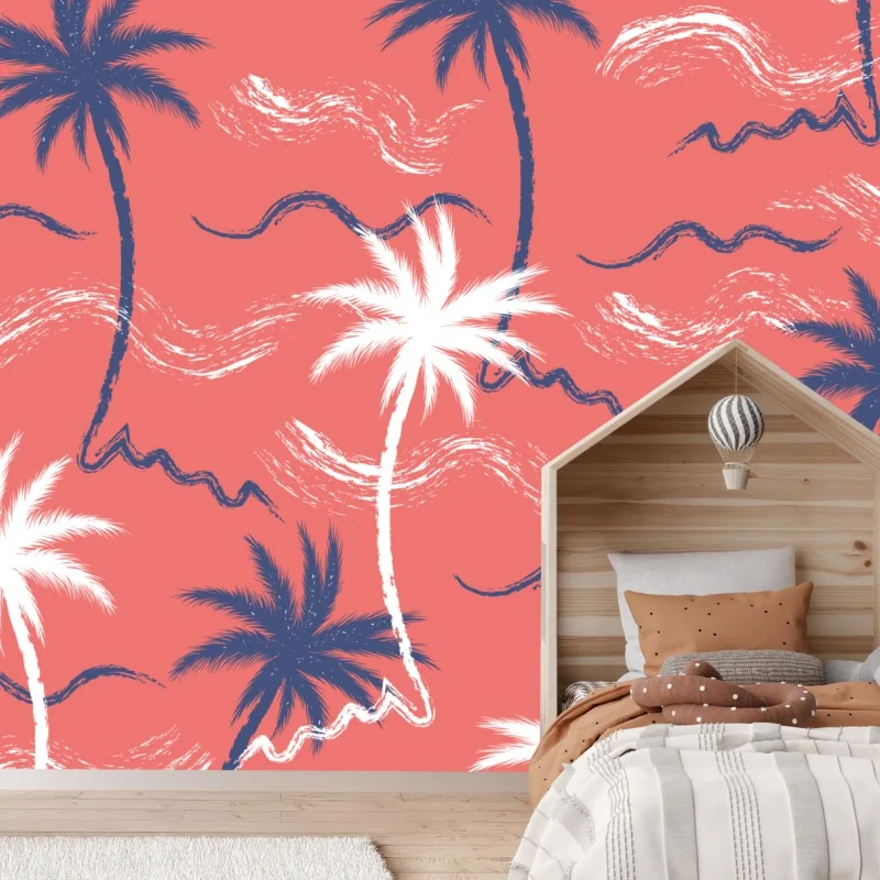 Fototapeta tropikalny wzór palm w kolorze koralowym i granatowym – Wallissimo® Fototapeta tropikalny wzór palm w kolorze koralowym i granatowym – Wallissimo®