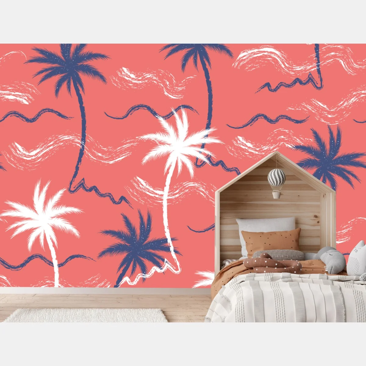 Fototapeta tropikalny wzór palm w kolorze koralowym i granatowym – Wallissimo® Fototapeta tropikalny wzór palm w kolorze koralowym i granatowym – Wallissimo®