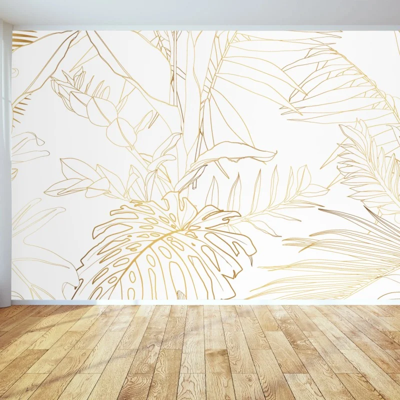Fototapeta złote tropikalne liście line art – Wallissimo® Fototapeta złote tropikalne liście line art – Wallissimo®