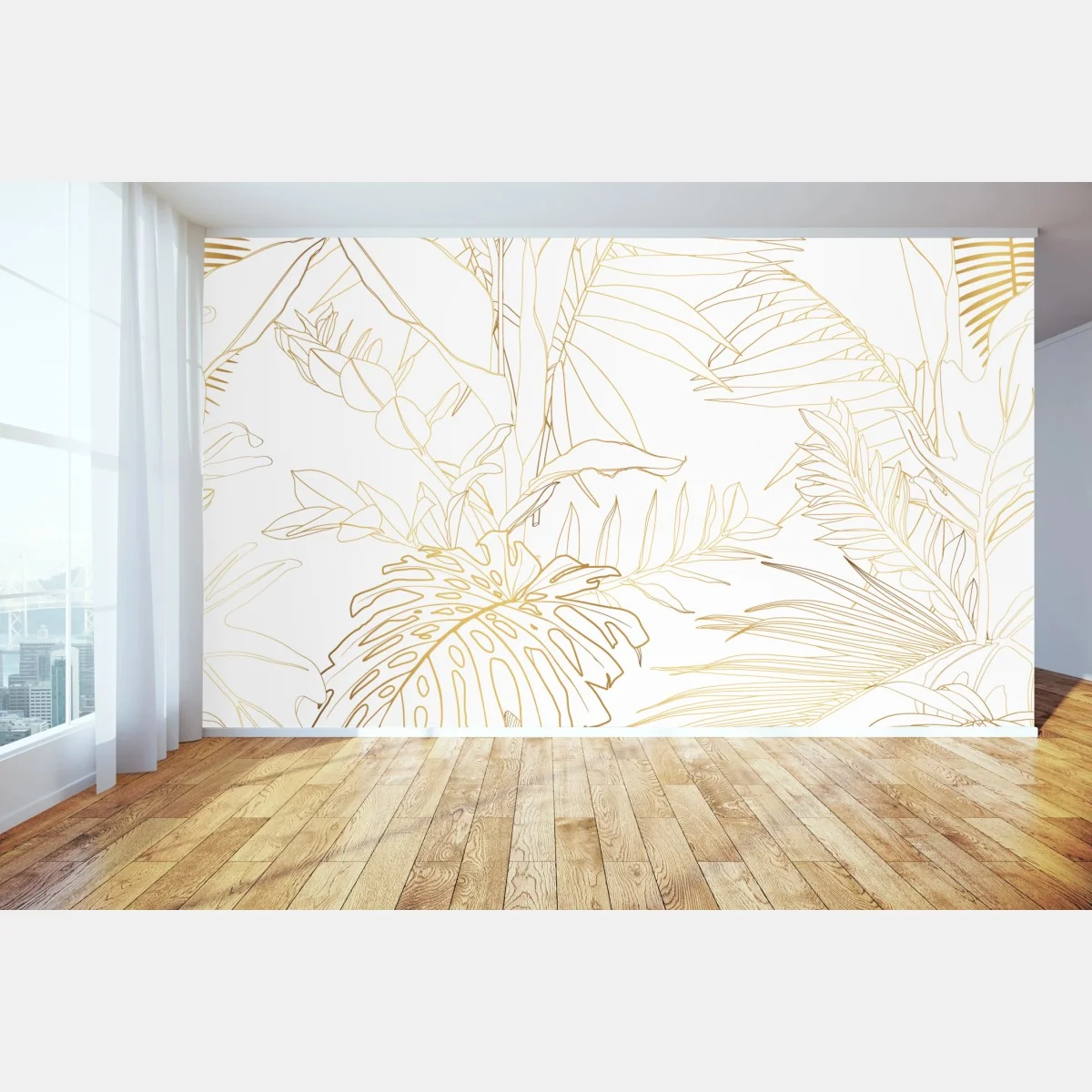 Fototapeta złote tropikalne liście line art – Wallissimo® Fototapeta złote tropikalne liście line art – Wallissimo®