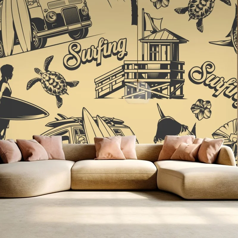 Fototapeta retro wzór surfingowy z furgonetką i falami – Wallissimo® Fototapeta retro wzór surfingowy z furgonetką i falami – Wallissimo®