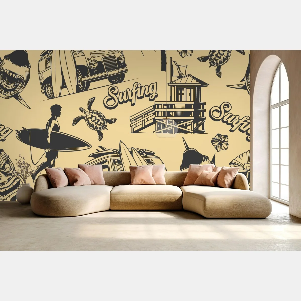 Fototapeta retro wzór surfingowy z furgonetką i falami – Wallissimo® Fototapeta retro wzór surfingowy z furgonetką i falami – Wallissimo®