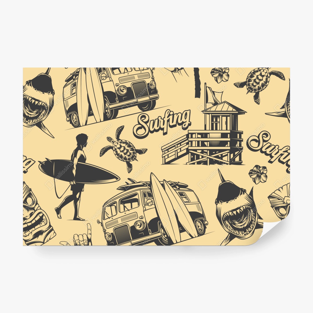 Fototapeta retro wzór surfingowy z furgonetką i falami – Wallissimo® Fototapeta retro wzór surfingowy z furgonetką i falami – Wallissimo®