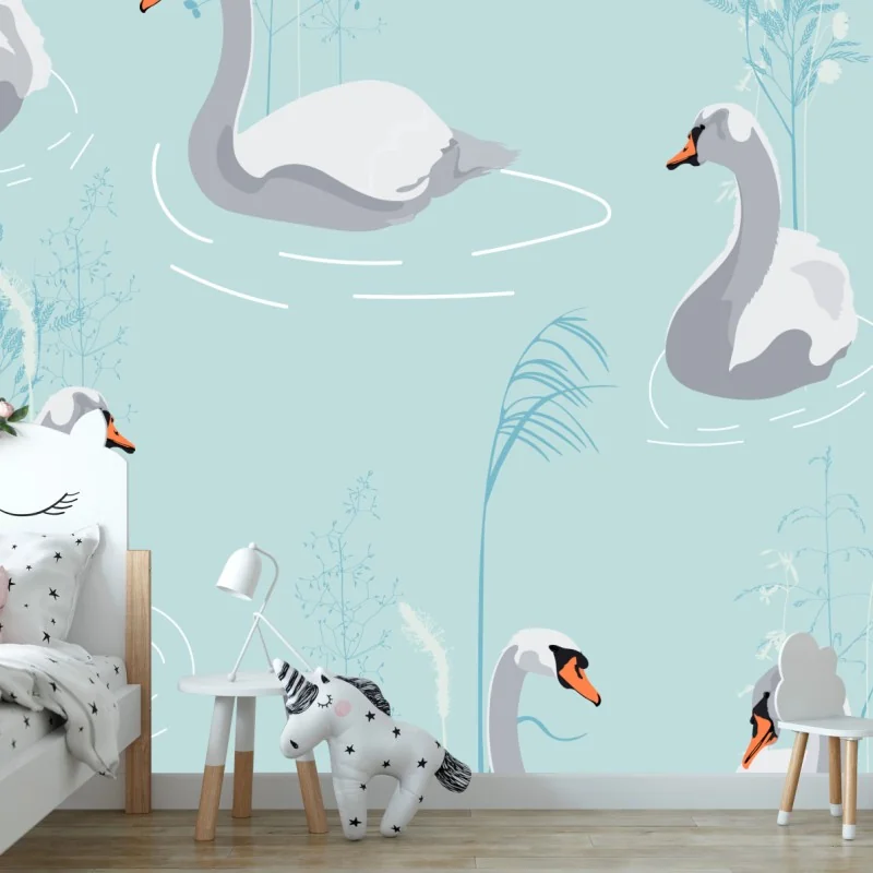 Fototapeta delikatne łabędzie na turkusowym stawie – Wallissimo® Fototapeta delikatne łabędzie na turkusowym stawie – Wallissimo®