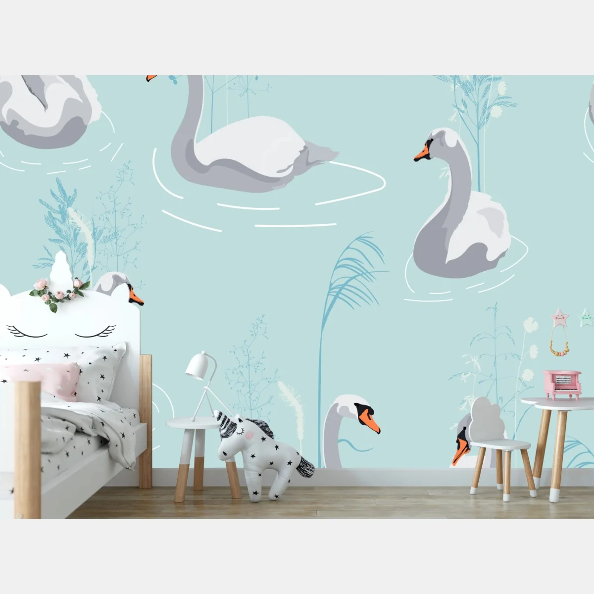 Fototapeta delikatne łabędzie na turkusowym stawie – Wallissimo® Fototapeta delikatne łabędzie na turkusowym stawie – Wallissimo®