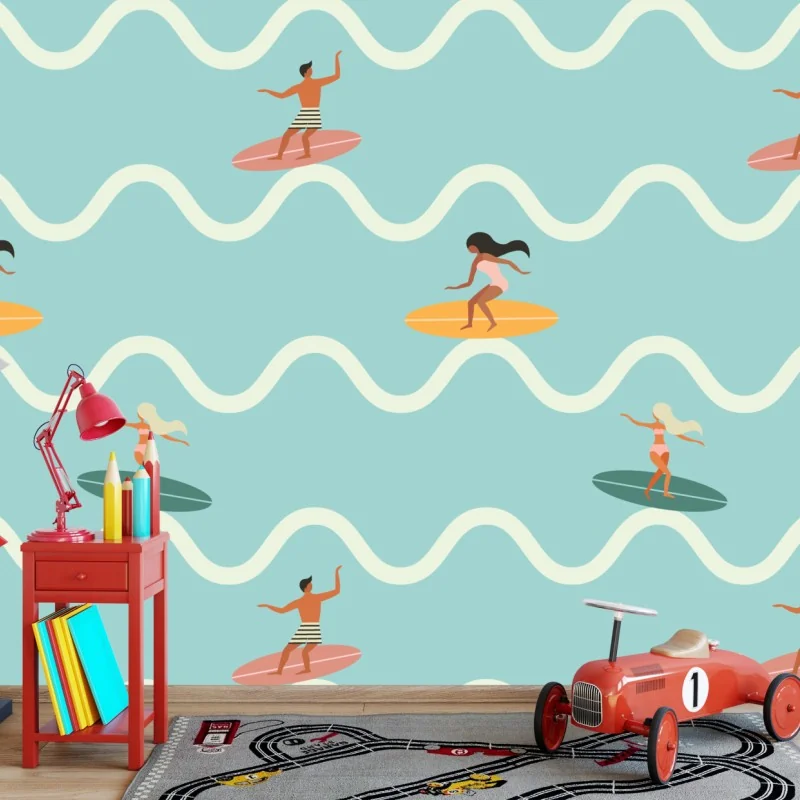 Fototapeta wzór z surferami na turkusowych falach – Wallissimo® Fototapeta wzór z surferami na turkusowych falach – Wallissimo®