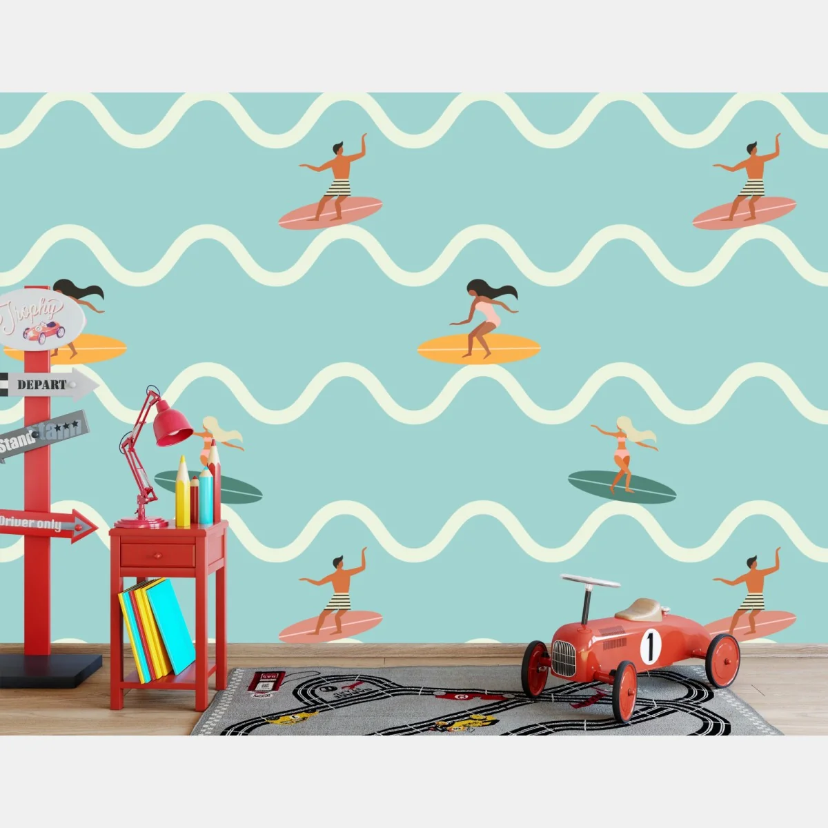 Fototapeta wzór z surferami na turkusowych falach – Wallissimo® Fototapeta wzór z surferami na turkusowych falach – Wallissimo®