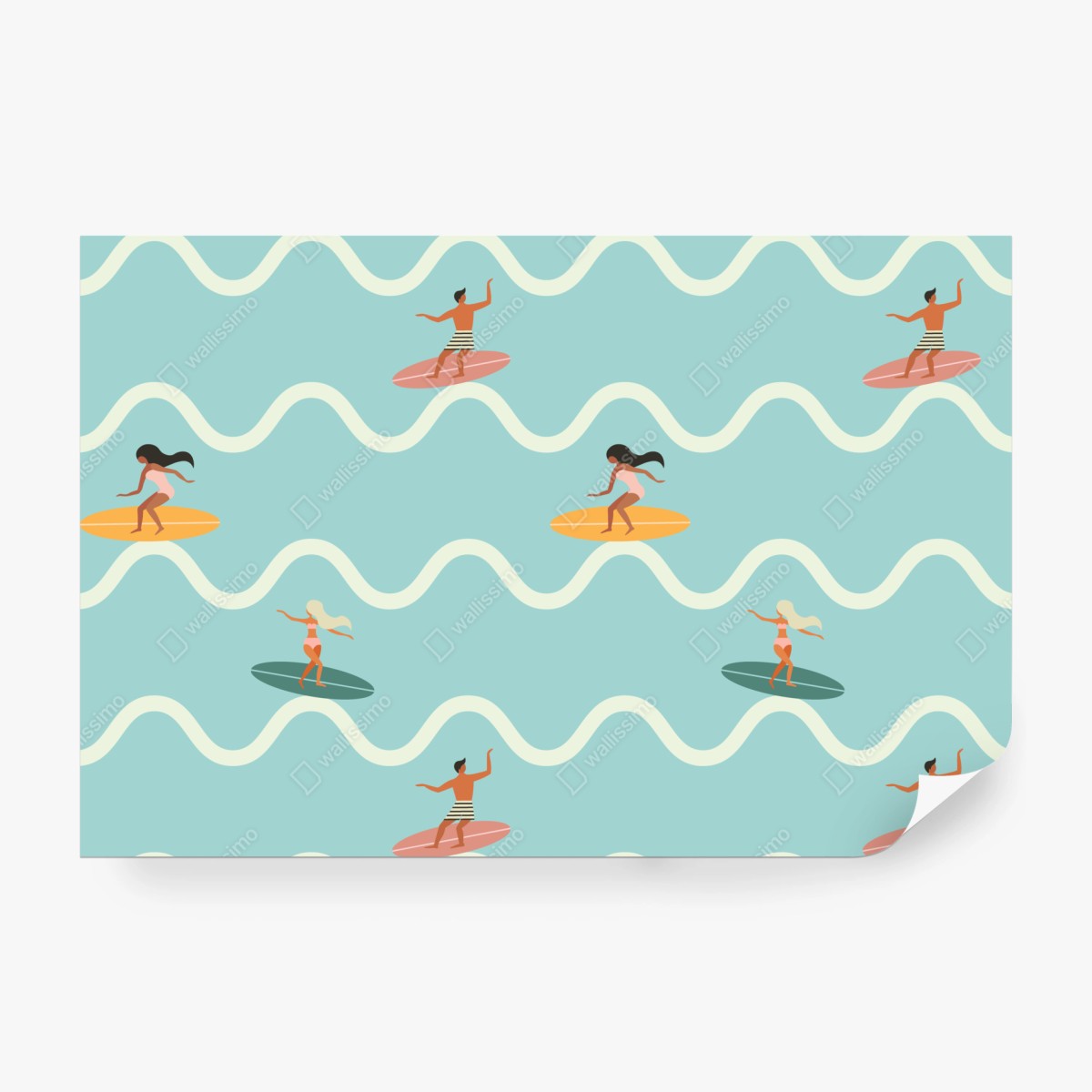 Fototapeta wzór z surferami na turkusowych falach – Wallissimo® Fototapeta wzór z surferami na turkusowych falach – Wallissimo®