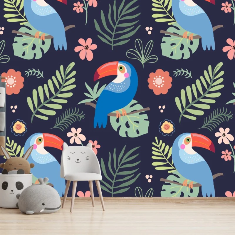 Fototapeta tropikalny wzór z tukanami na granatowym tle – Wallissimo® Fototapeta tropikalny wzór z tukanami na granatowym tle – Wallissimo®