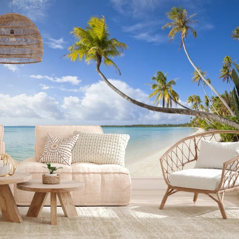 Fototapeta tropikalna turkusowa plaża z pochyloną palmą – Wallissimo® Fototapeta tropikalna turkusowa plaża z pochyloną palmą – Wallissimo®