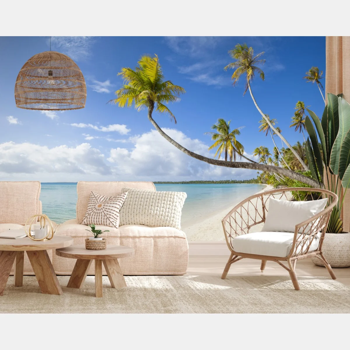 Fototapeta tropikalna turkusowa plaża z pochyloną palmą – Wallissimo® Fototapeta tropikalna turkusowa plaża z pochyloną palmą – Wallissimo®