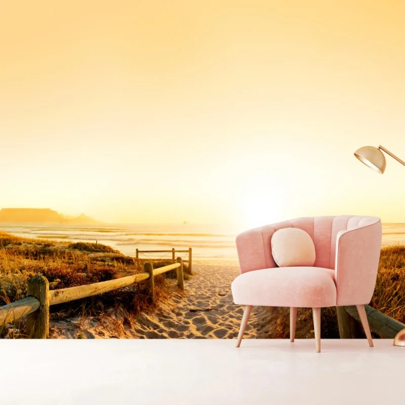 Fototapeta złota panorama zachodu słońca nad plażą z Górą Stołową – Wallissimo® Fototapeta złota panorama zachodu słońca nad plażą z Górą Stołową – Wallissimo®