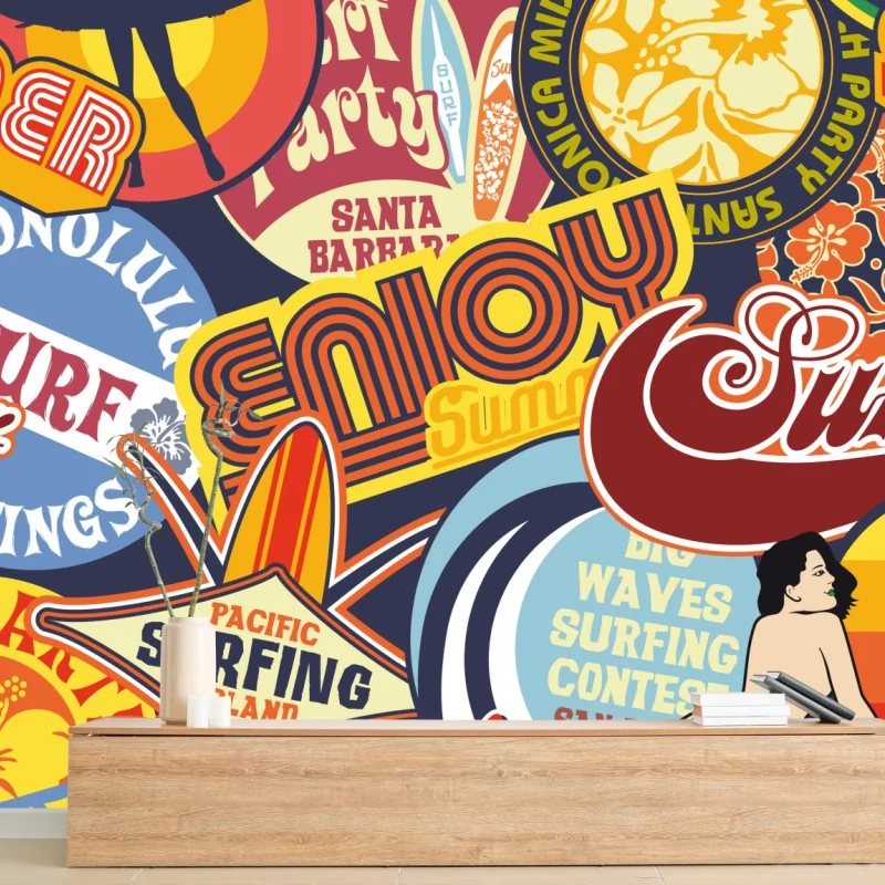 Fototapeta retro kolaż naklejek surf – Wallissimo® Fototapeta retro kolaż naklejek surf – Wallissimo®