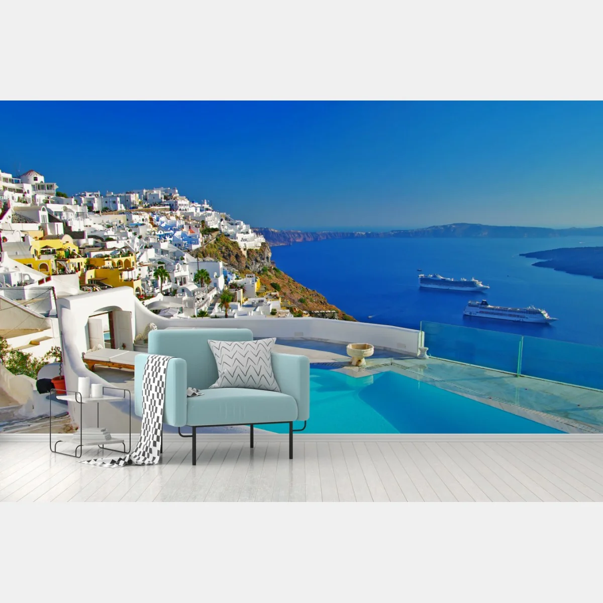 Fototapeta Santorini widok na morze z basenem – Wallissimo®