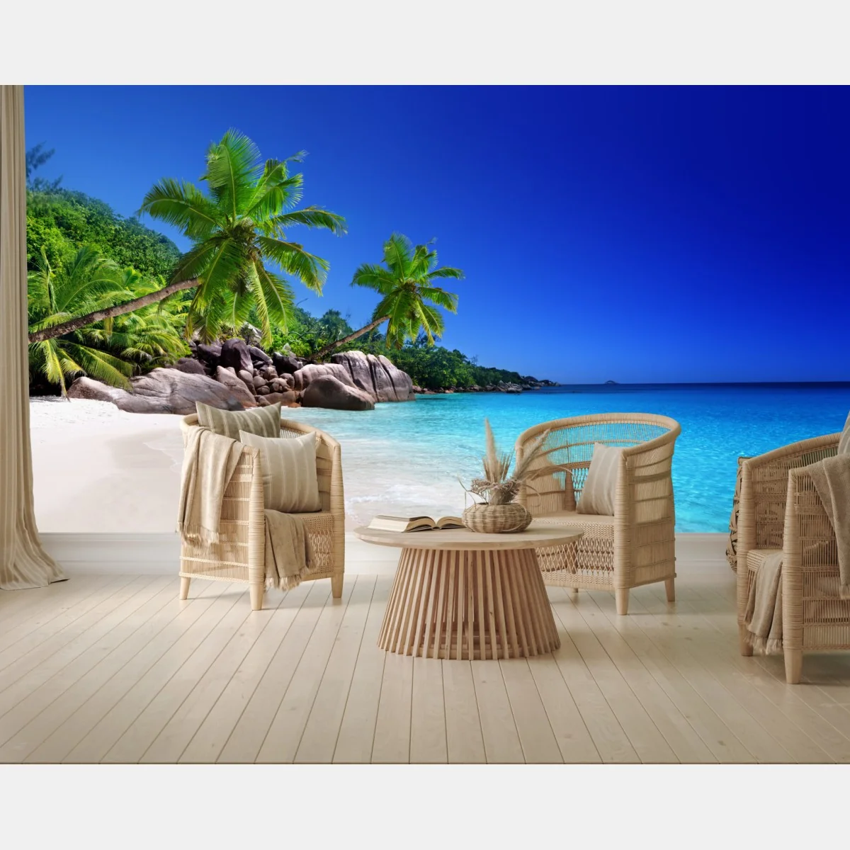 Fototapeta tropikalna plaża z turkusową wodą i palmami – Wallissimo® Fototapeta tropikalna plaża z turkusową wodą i palmami – Wallissimo®