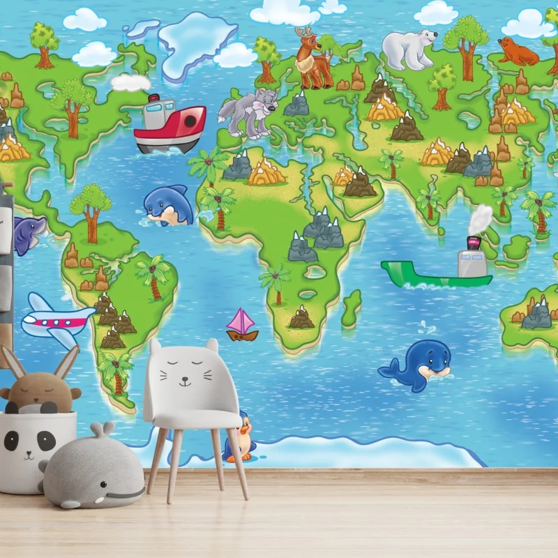 Fototapeta urocza kreskówkowa mapa świata dla dzieci – Wallissimo® Fototapeta urocza kreskówkowa mapa świata dla dzieci – Wallissimo®