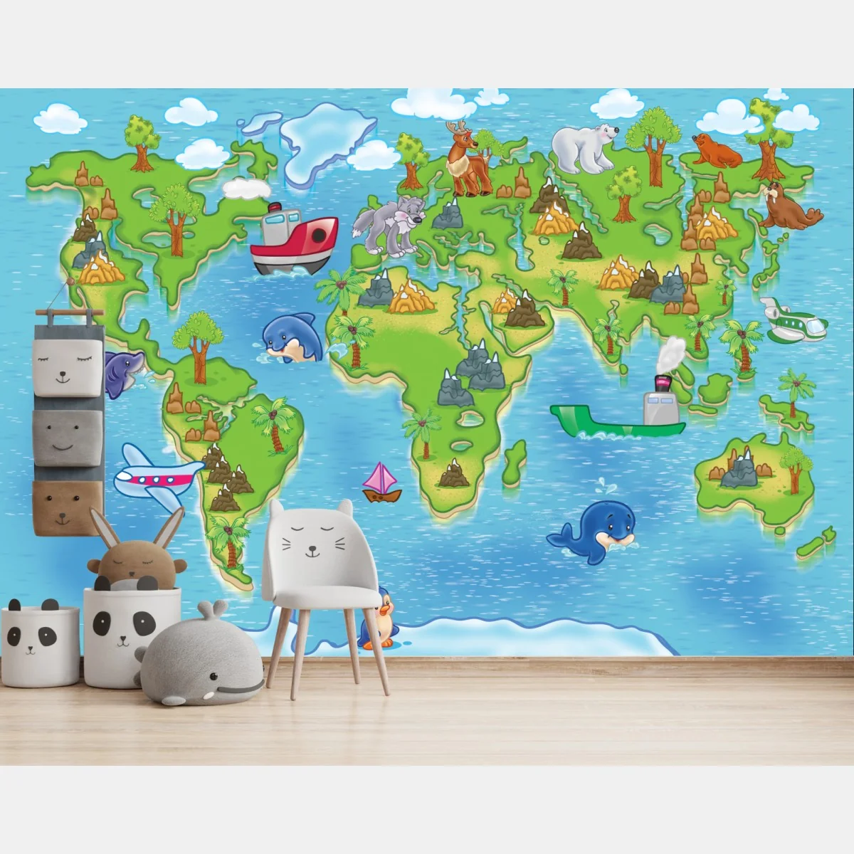 Fototapeta urocza kreskówkowa mapa świata dla dzieci – Wallissimo® Fototapeta urocza kreskówkowa mapa świata dla dzieci – Wallissimo®