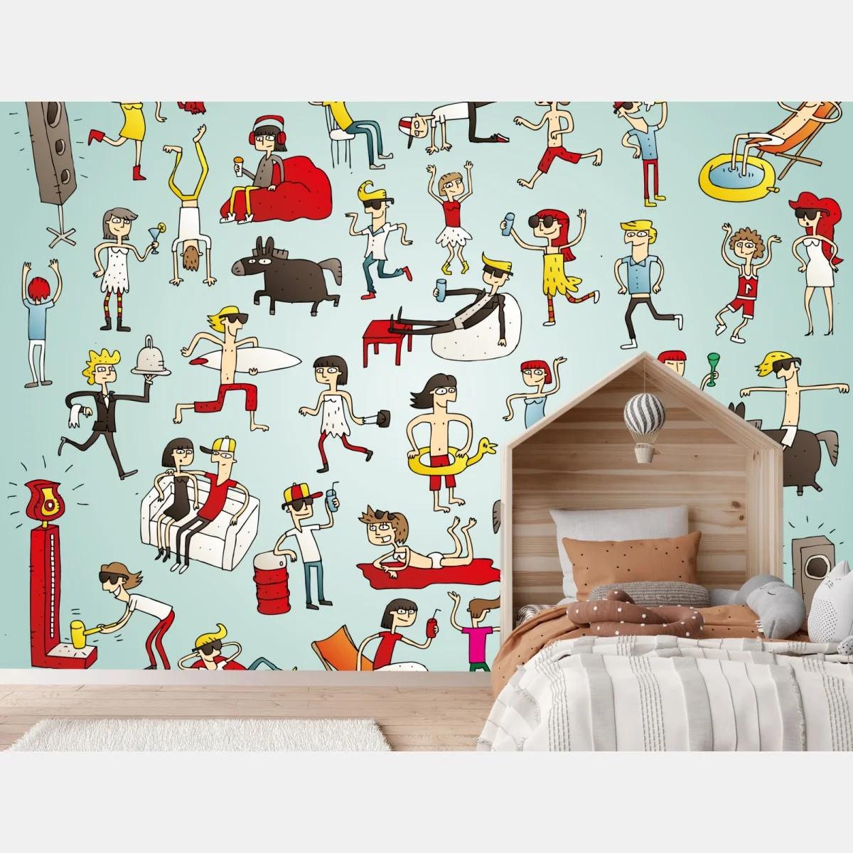 Fototapeta zabawna scena z postaciami na turkusowym tle – Wallissimo® Fototapeta zabawna scena z postaciami na turkusowym tle – Wallissimo®